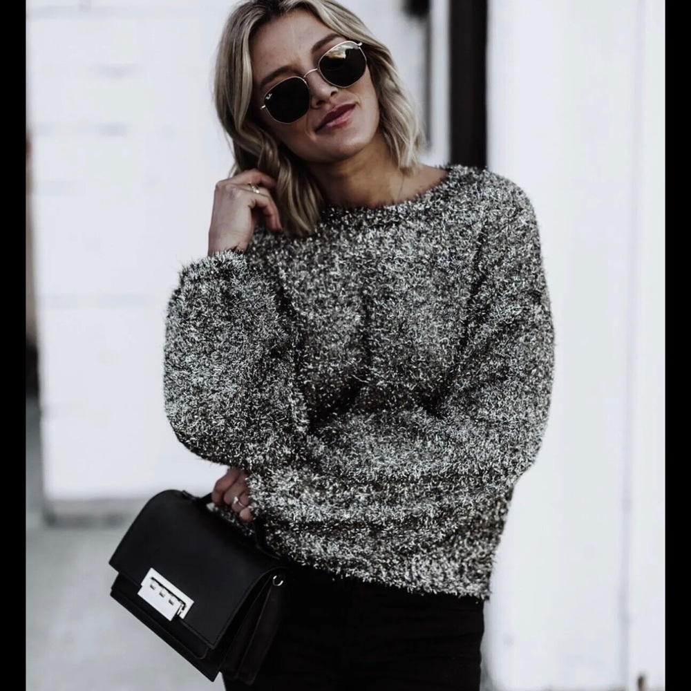Leith Womens Oversized Balloon Sleeve Tinsel Knit Sweater Gold Silver Size XS
